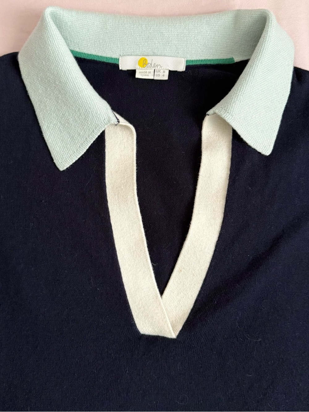 Boden V-Neck Polo Henley Sweater Wool Cotton Blend Size 4 Navy Green Preppy - Picture 6 of 8